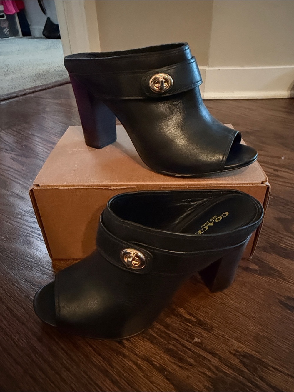 Coach Black Leather Peep-Toe Mules with Gold Logo Accent